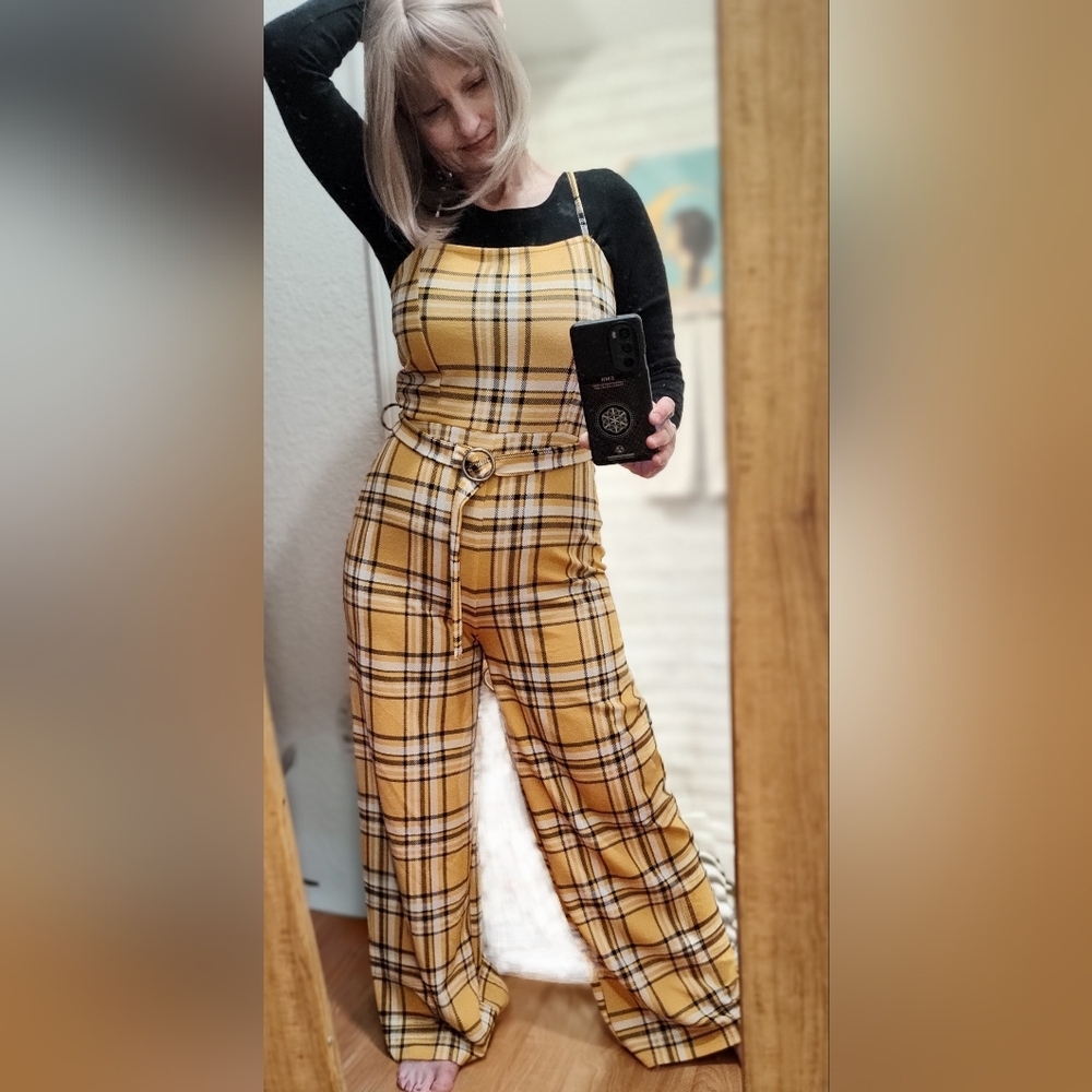 EUC  Almost Famous Yellow White & Black Plaid Jumpsuit /Overall
